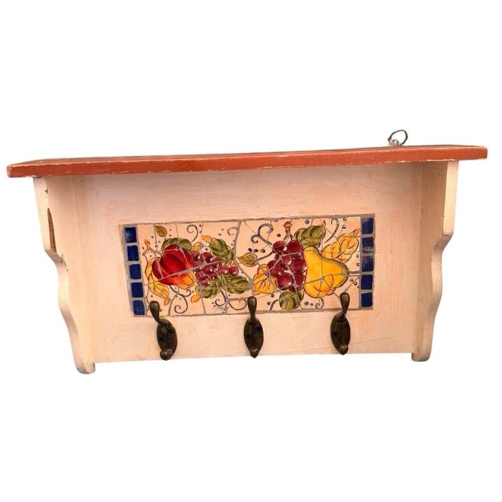 Vintage White Wood Shelf Mosaic Tiles Art Farmhouse Cottage core Hooks Y2K